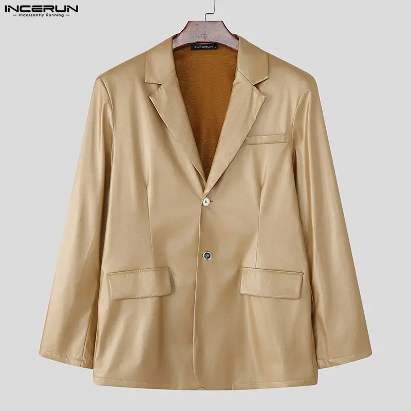 

INCERUN мужской пиджак однотонный блестящий лацкан с длинными рукавами и пуговицами мужской костюм уличная одежда для вечеринок и ночного клуба модные повседневные тонкие пальто мужские