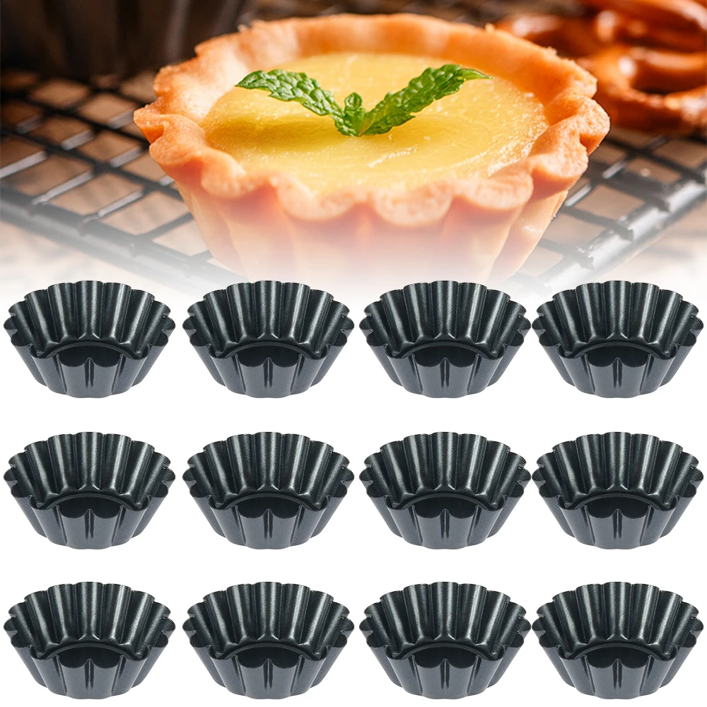 12Pcs Non Stick Egg Tart Molds Reusable Thickened Carbon Steel Cake Cookie Mold Baking Cup Kitchen Baking DIY Tool