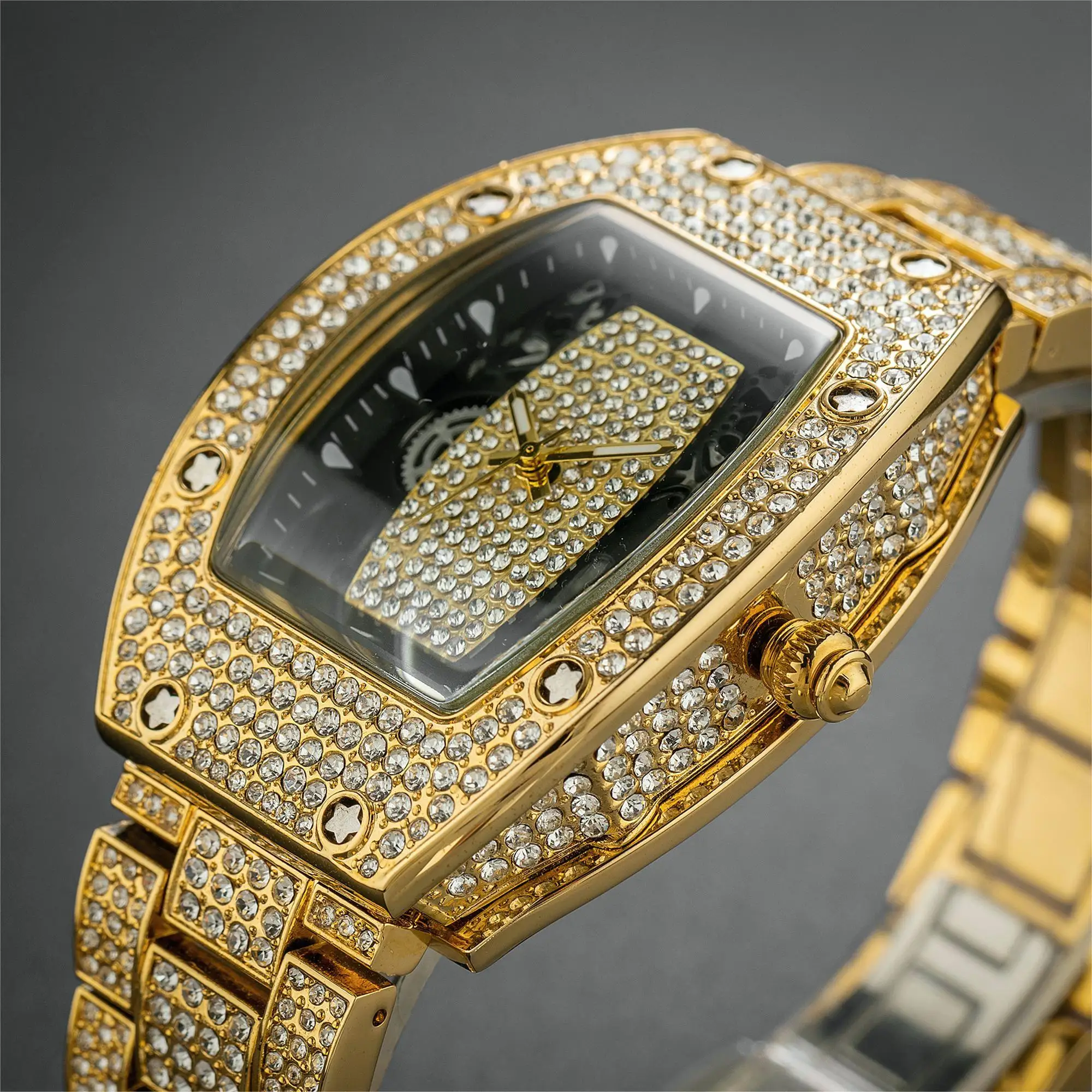 

Fashion Brand MISSOX Mens Watch Hip Hop Gold Plated Tonneau Wristwatches Top Luxury Niche Full Diamond Quartz Watches Hot Sale