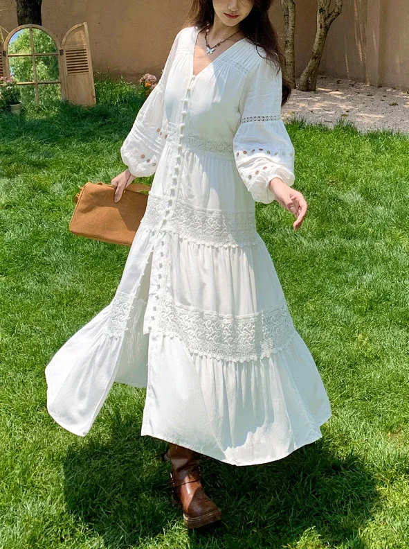 خمر فستان أبيض المرأة الفرنسية مثير الخامس الرقبة فانوس كم الدانتيل المرقعة واحدة الصدر فساتين طويلة السيدات الشاطئ رداء طويل #3