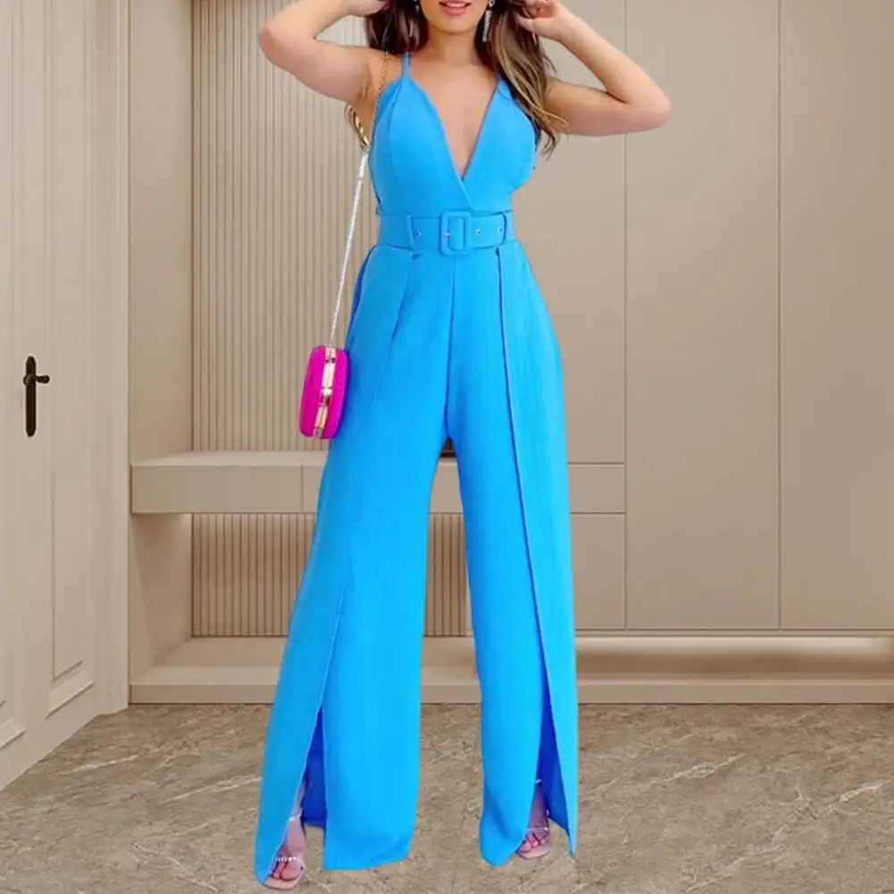 

Solid Color Women Jumpsuit Elegant V-neck Sleeveless Jumpsuit with Wide Leg Belted Waist for Business Summer Events Stylish