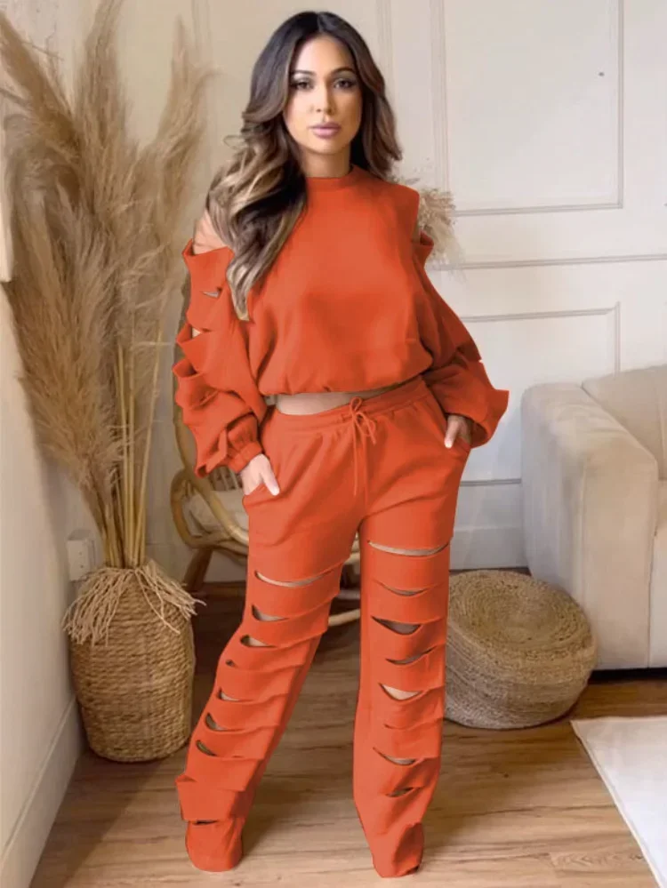 

GUWU Sexy Hollow Out Hole Tracksuit Women Casual Sweatshirt Top + Wide Leg Pants Slim Sport 2 Piece Set Fall Winter Clothes