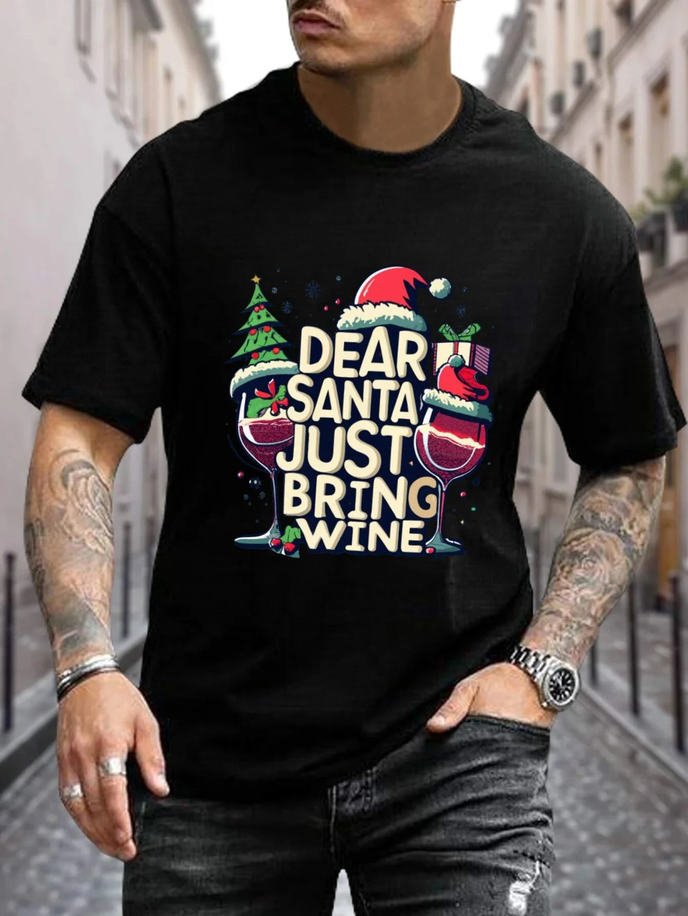 

Men's "Dear Santa Just Bring Wine" Graphic Tee, Black Cotton SS Round Neck, Santa Hat/Tree Print, Adult Holiday Wear