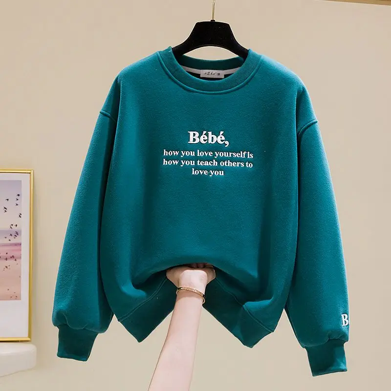 

Embroidery Letter O-Neck Long Sleeve Hoodies 2023 New Autumn Winter Fashion Women Hoodies Casual Loose Plush Warm Korean Hoodies