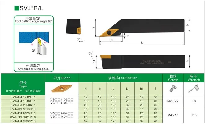 SVJBR1616H16 SVJBR2020K16 SVJBR2525M16 Portautensili per tornitura esterna + inserto in metallo duro VCMT 160404   VCMT 160408   Inserti per tornio da taglio