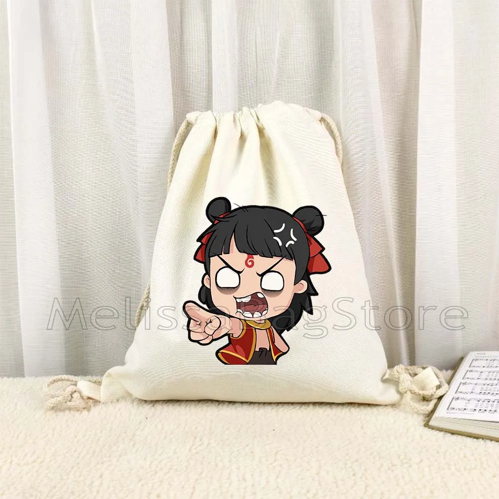 Cute Cartoon Ne Zha Ao Bing The Demon Boy Chinese Anime Gifts Canvas Drawstring Backpack Bags Sports Gym Sackpack String Bag