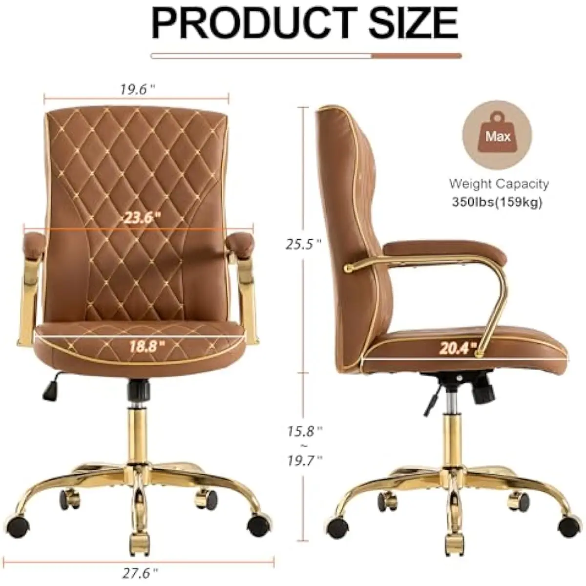 Elegant white and gold faux leather executive chair with diamond-quilted backrest, ergonomic lumbar support, 360-degree swivel,