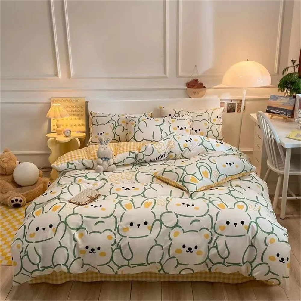 

Four Piece Bedding Set Cartoon Printed Cotton Bedsheets Set with Pillows Case Quilt Cover Three Piece Suit Home Textiles