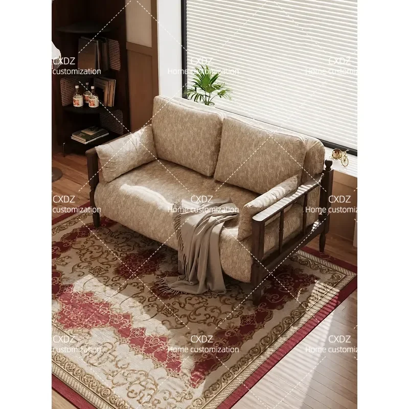 Retro Solid Wood Sofa Bed Folding Integrated Dual Purpose Double Medium Antique Small Apartment Living Room Multi Function