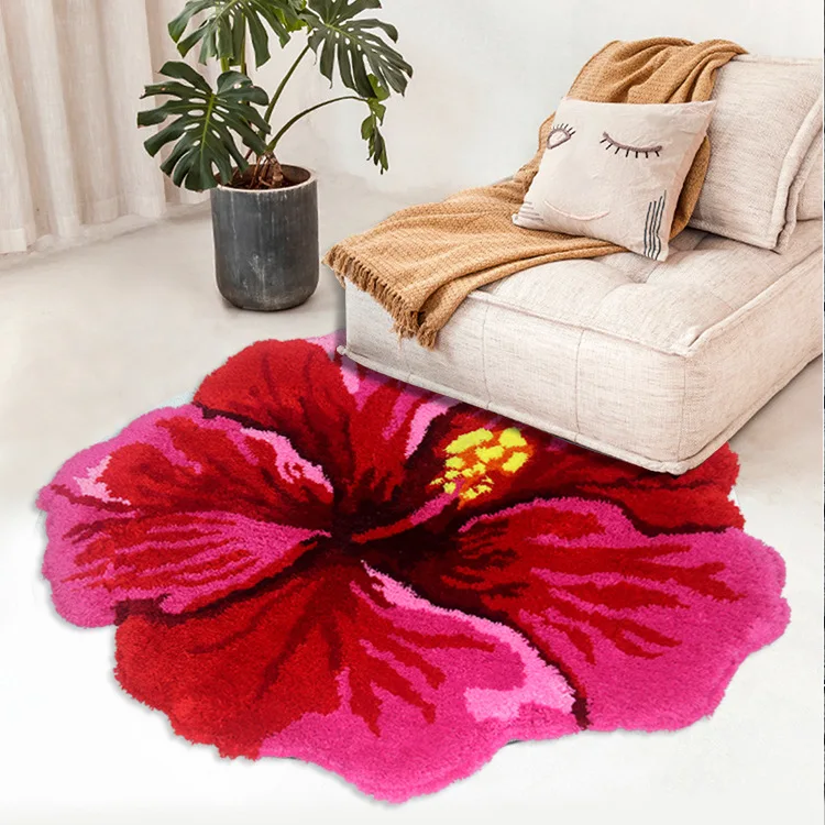 80X60cm Red Hibiscus Flower Flocking Rug Bathroom Bath Mat Non-slip Carpet Bedroom Living Room Handmade Shaggy Floor Pad Doormat