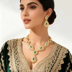 Women's Water Drop Necklace Earrings Set Moroccan Wedding Necklace Green Rhinestone Gold Plated Bridal Jewelry Set Bijoux