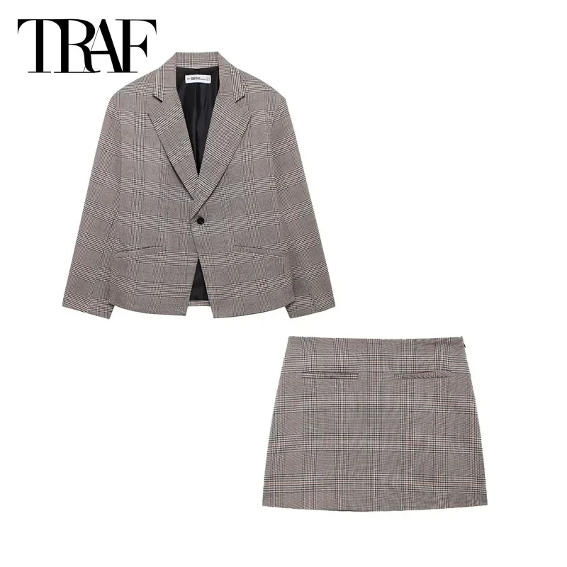 TRAF Women 2 Pieces Outfit 2024 Plaid Skirt Set Autumn Large Size Blazer Outerwear Mid Waist Mini Skirt Elegant Office Suits