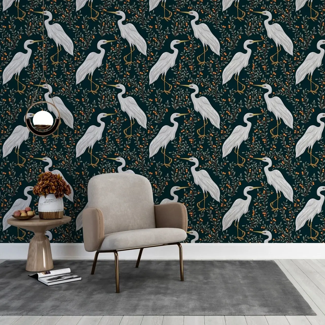 Herons Living Room Wallpaper,Advances Dark Background With Fruits Animals Wall Wallpaper For Bedrooms,Mural Paper Design50*300CM