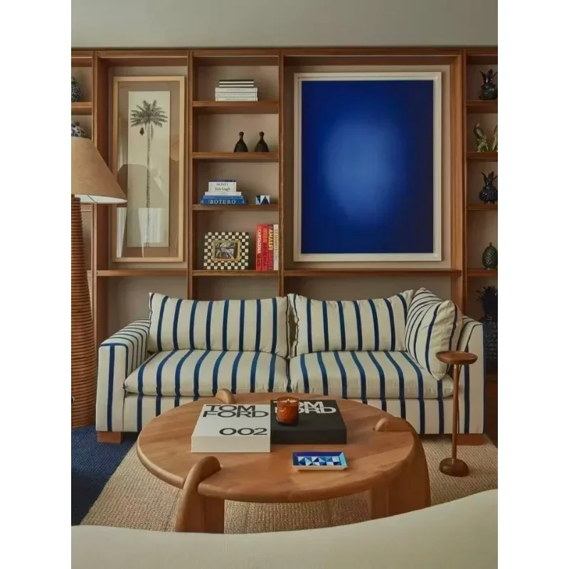 French retro style bed and breakfast fabric sofa living room bedroom leisure, blue striped double triple sofa