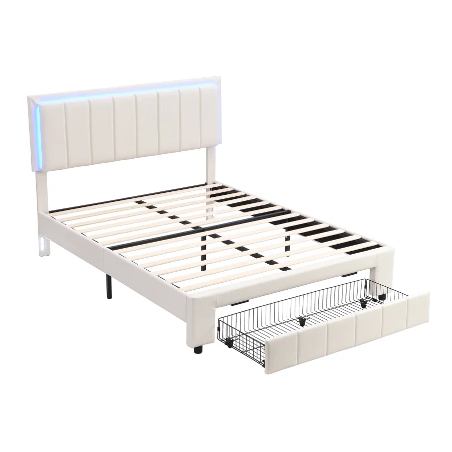 Upholstered Platform Bed with LED Lights and Two Motion Activated Night Lights,Queen Size Storage Bed with Drawer,White