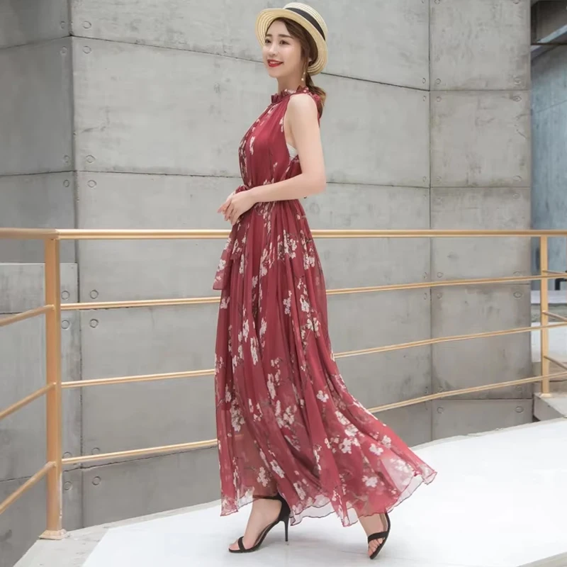 Verano Floral gasa Floral sin mangas tirantes Maxi vestido para mujer Sexy espalda descubierta playa Boho mujer vestido veraniego fotografía