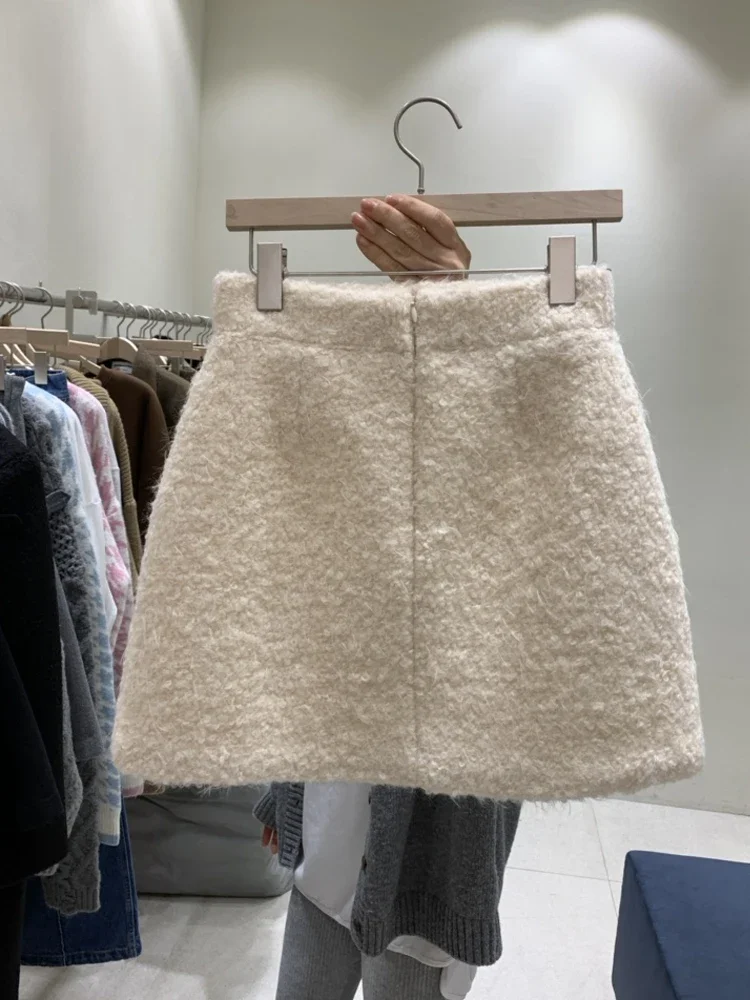 Temperament Fragrance High Waist Solid Color White Tassels Skirts Korean Style Faldas Mujer Moda 2024 Woolen Women Chic