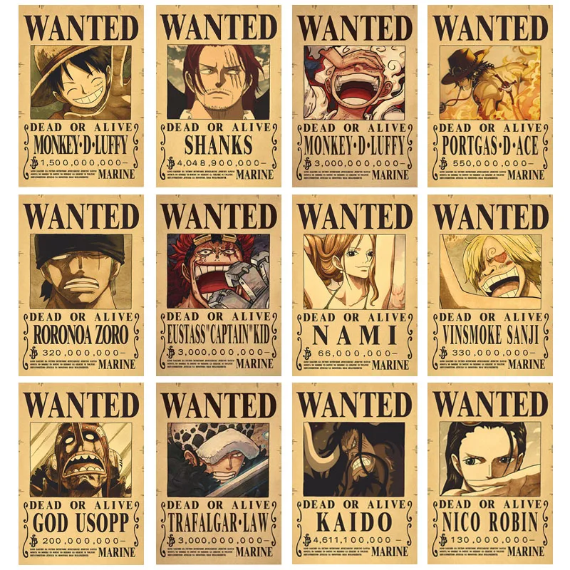 Anime One Piece Straw Hat Pirates Wanted Poster Stickers Vintage Painting Kid Bed Room Living Wall Decorate Kawaii Adult Men Toy