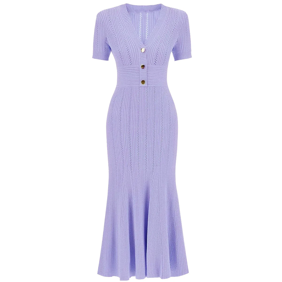 Francuska elegancka, dojeżdżająca do pracy, temperamentna, długa sukienka z dzianiny, dekolt w serek, z krótkim rękawem, jednorzędowa, wysoka talia, wąska sukienka z rybim ogonem, damska