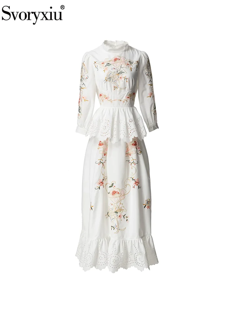 Svoryxiu Fashion Runway Autumn Floral Embroidery Floor-Length Dress Women's Stand Collar Long Sleeve High Waist Flounces Dress