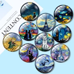 Cat Art - Starry Night animal feline print Abstract painting 12-30mmRound photo glass cabochon demo flat back Making findings