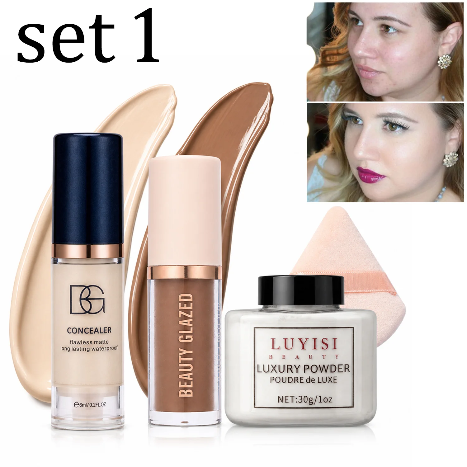 4pcs/Set:Concealer,Contour,Loose Powder&Puff,Full Face Sculpting&Setting Kit,Waterproof Long-Lasting Matte Effect,Oil-Control.