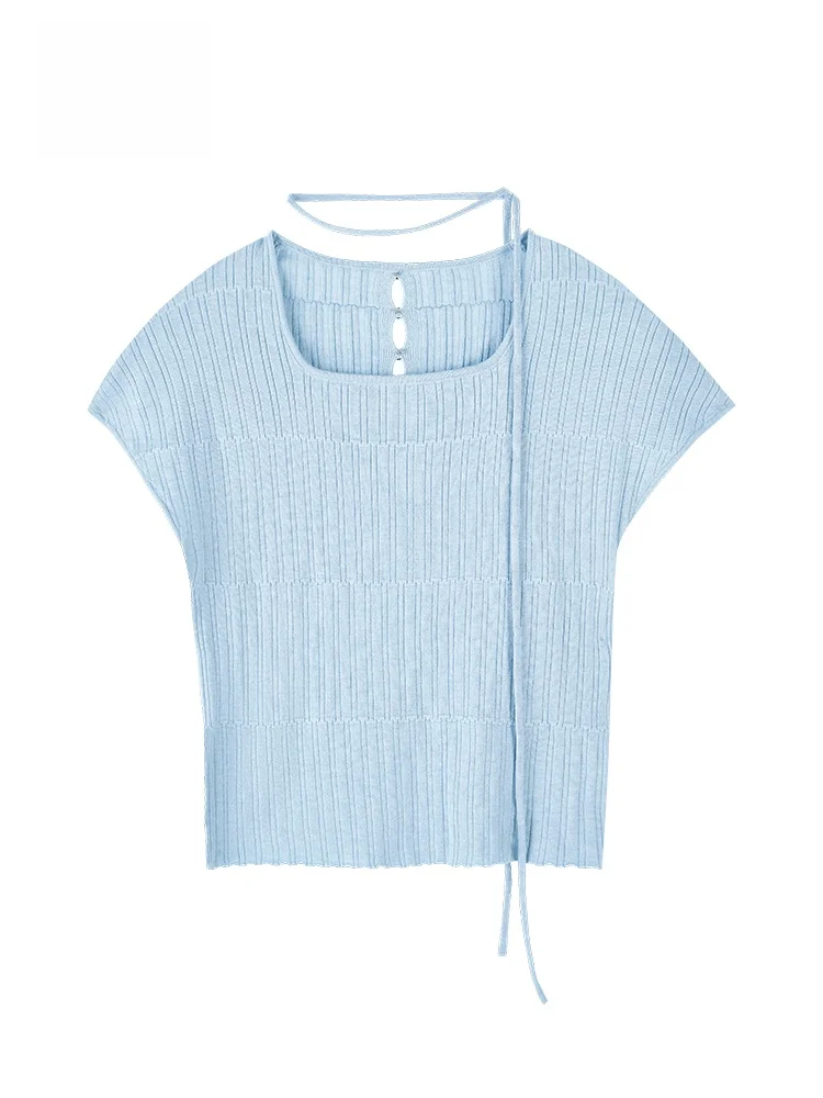 

GOFAR Blue ort Sve T-irt Women's Summer New Inner Knitted irt Base Top Hollow out Commute Sle Straight Cut Pure Color