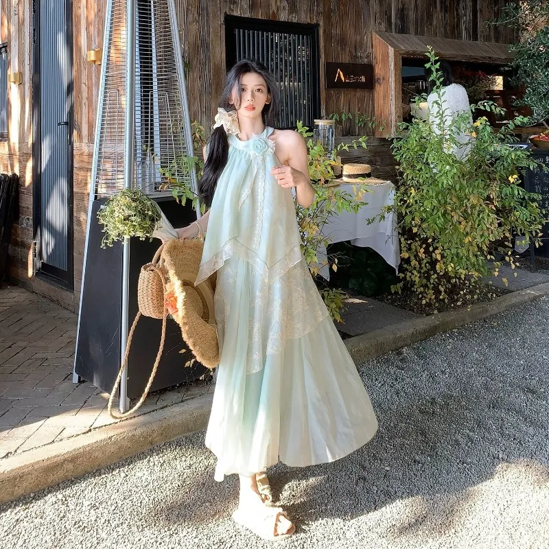 

Mint Green Seaside Vacation Style Wear Neck Dress Women's Summer French Sweet Wind Loose Sleeveless Medium and Long Dress 2026