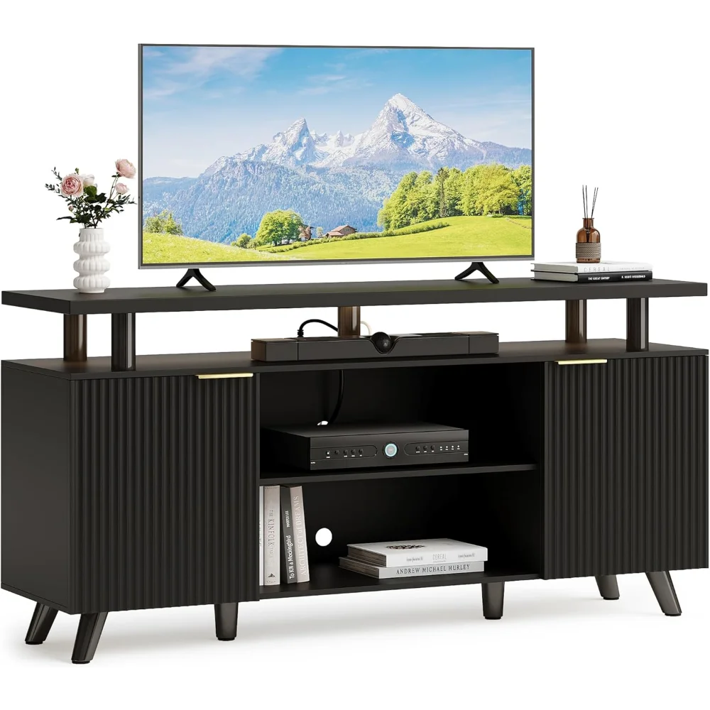 

Luxury Fluted TV Stand for 60/65/70 Inch TV with Power Outlet & LED Light, Modern Entertainment Center with Fluted Panel Design