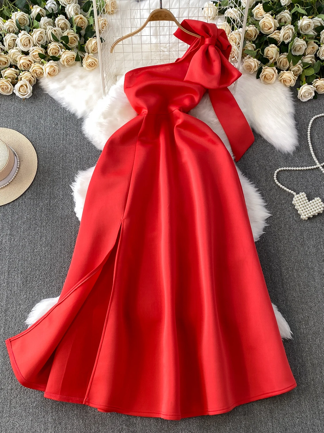 

Ele Knot Side Collar off oulder Dr Women's High-End Evening Gown Slimming Puffy Long Skirt Korean Sle