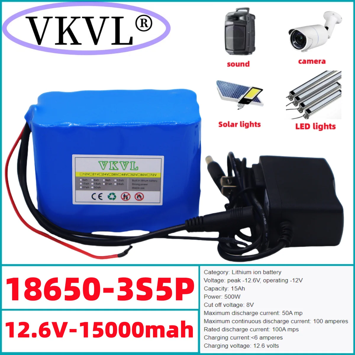 

New 12V15ah rechargeable lithium-ion battery for LED light backup camera 3S5P12V15000mah mobile power Etc+charger