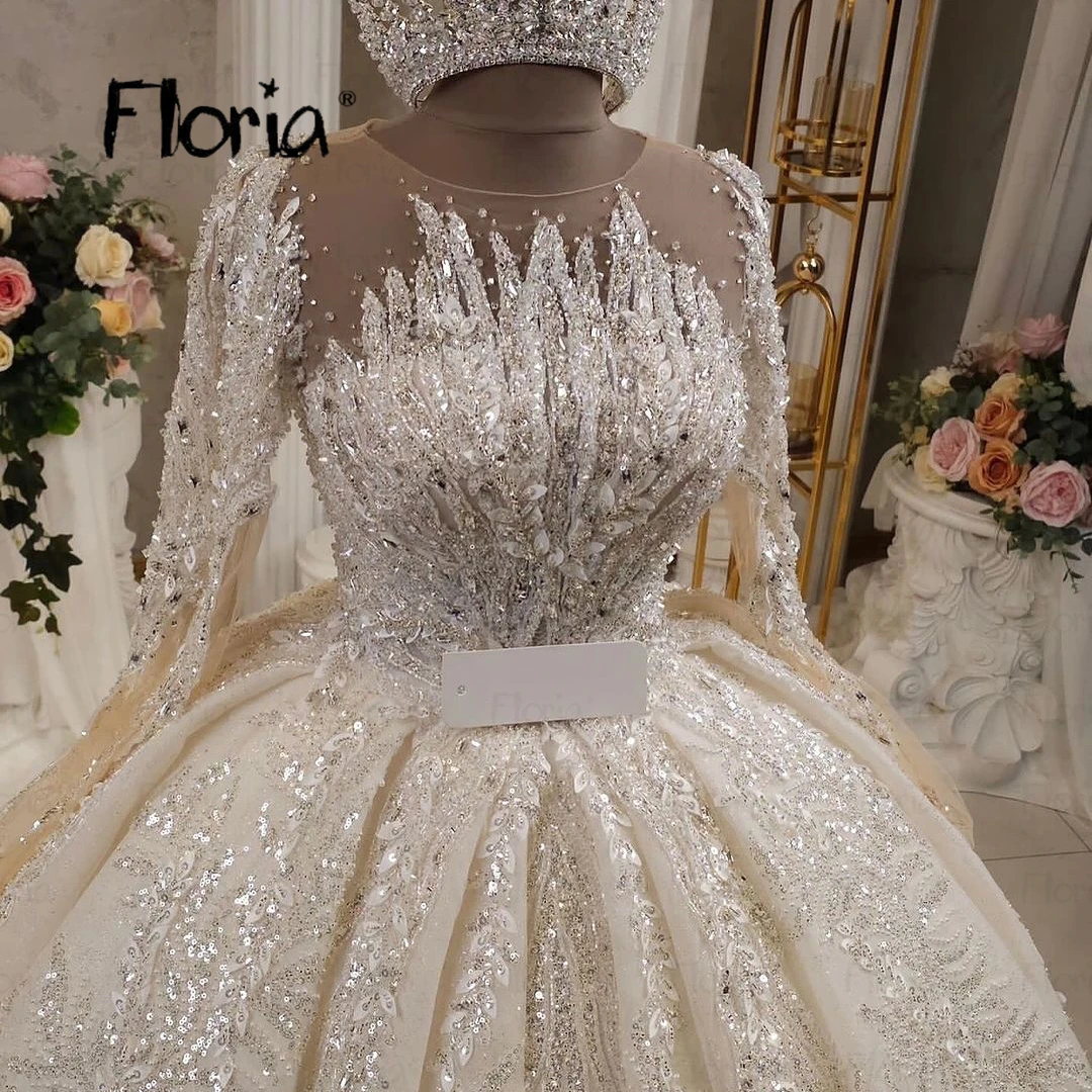 Ivory Gorgeous Ball Gown Wedding Dress Princess Long Sleeve Nude Neck Bridal Gowns Sparkle Wedding Dress Vestido De Noiva