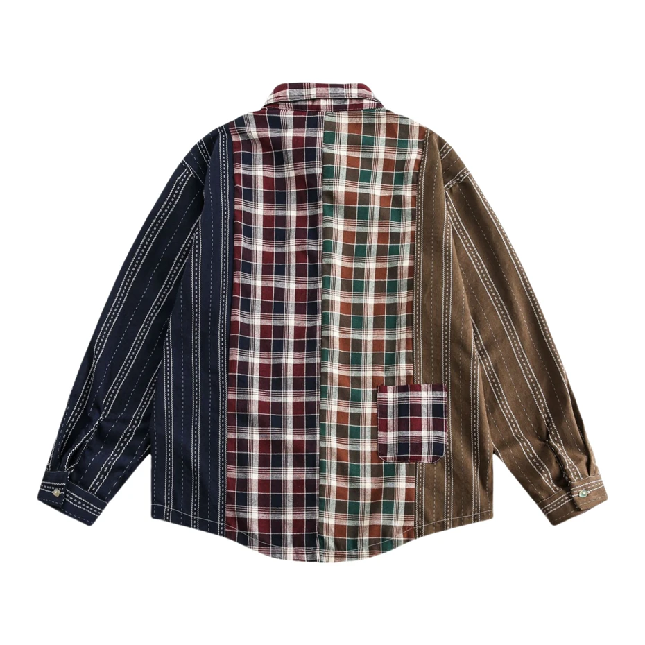 Patchwork Plaid Shirts Mens Streetwear Hip Hop Long Sleeve Shirt for Men Oversized Harajuku Vintage Japan Style Casual Blouse