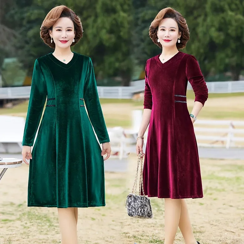 2024 Spring Autumn Women New Golden Velvet Dress Middle Aged Elderly Mom Covers the Belly Appears Slim Stylish Underlay Skirt