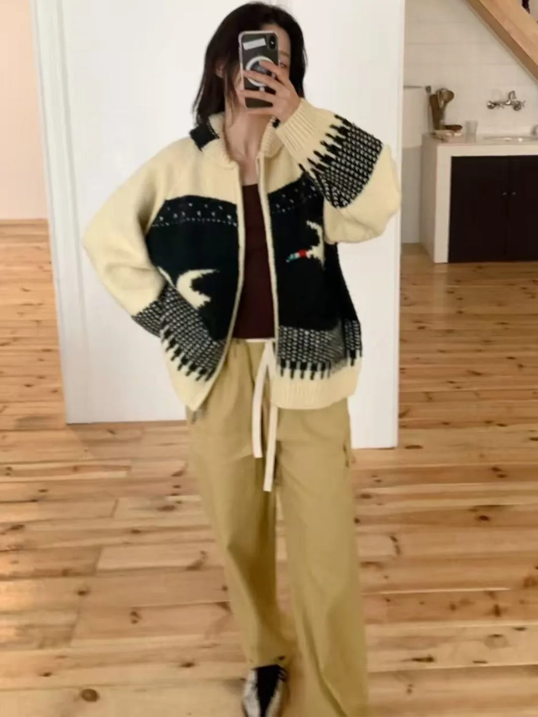 كارديجان نسائي أنيق جديد لفصلي الخريف والشتاء، تصميم عصري مضاد للشيخوخة بنقشة فير آيل، ناعم بأكمام طويلة، ملابس خارجية للربيع...