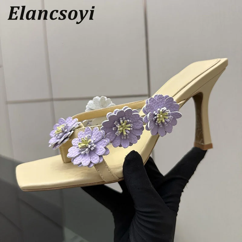 Fashion Flip-flops Women's Genuine Leather Flower Decor Thin Heels Spite Toe Sandals Summer Outdoor Fairy High Heels Slippers