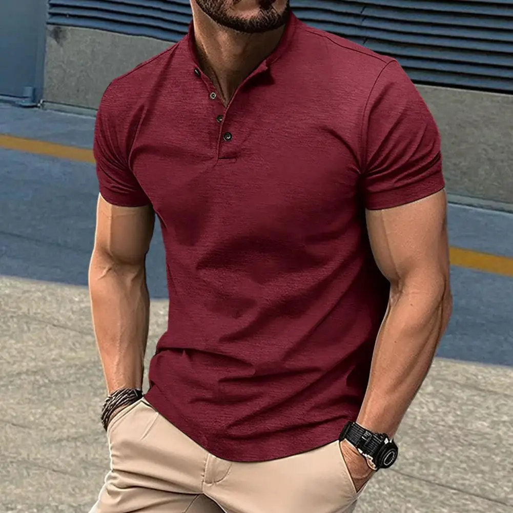 Men Shirt O Collar Short Sleeves Buttons T shirt Neck T shirt Soft Breathable Casual Mid Length Summer Tees Street Top