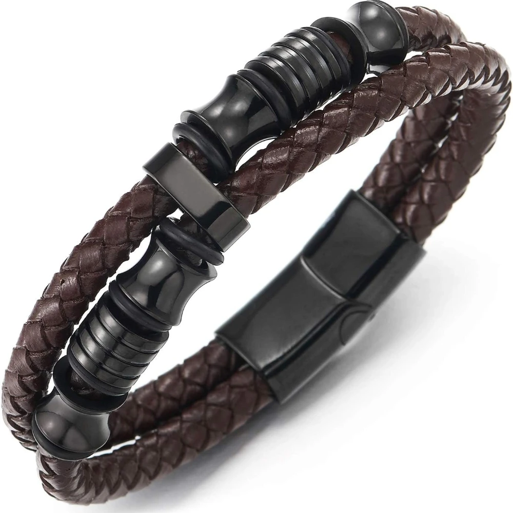Männer Zweireihige Gewebte Leder Armbänder Armband Edelstahl Glück Perlen Armband Mode Schmuck Zubehör – Detail 4