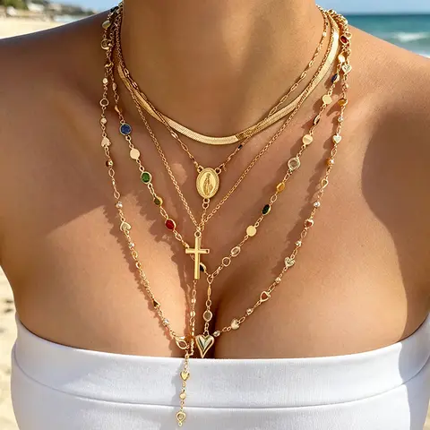 5Pcs Boho Colorful Crystal Cross Heart Necklace Set Women Y Drop Stack Chokers Seaside Summer Beach Hip Hop Trendy Jewelry Gifts