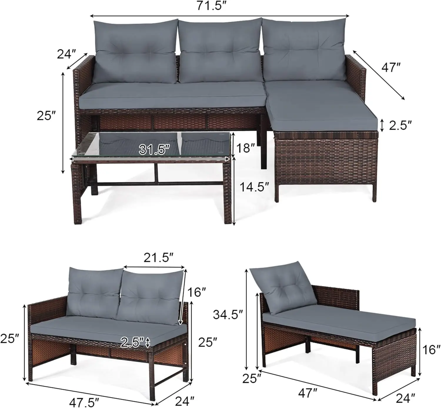 Conjunto de pátio de vime de 3 peças, sofá secional de vime PE, loveseat, lounge, mesa de vidro temperado (cinza)