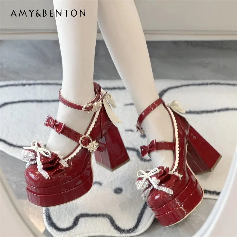 

Spring and Autumn New Women's White Pink Red Black Blue Round Toe Height-Increasing Lolita Elegant Sweet Shoes