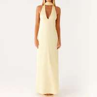 Maemukilabe Vestido largo sexy sin mangas con estampado de corte bajo Boho Halter Neck Slim Fit Vestido largo fluido Sin espalda Floral Ropa de playa de verano