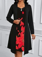 2025 Conjunto de dos piezas falso con estampado Digital, nuevo estilo europeo y americano, vestido de manga larga para otoño e invierno