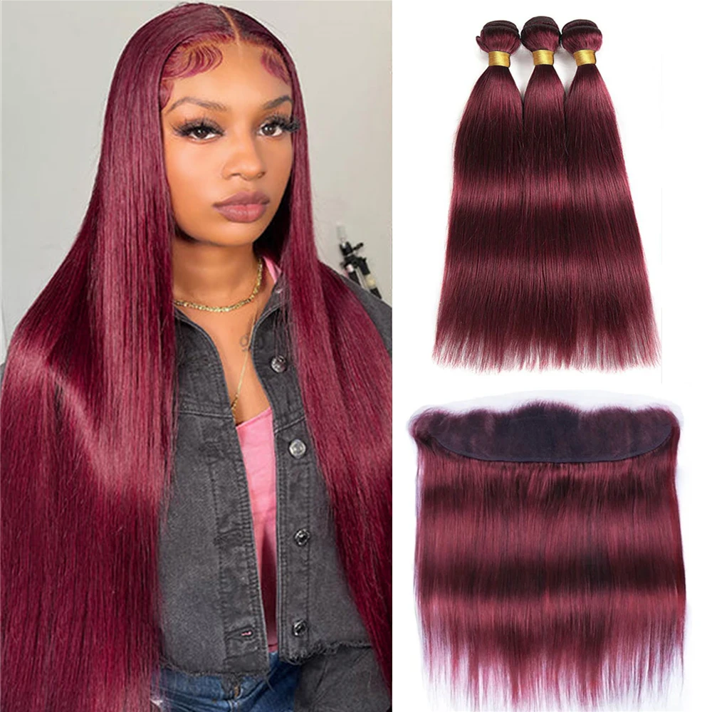 

28 30 32 Inch Brazilian 99J Straight Human Hair with 13x4 Frontal 3 Bundles Remy Hair Silky Straight Weaves Deals and Frontal