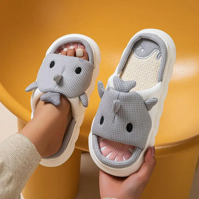 Linen Platform Slippers Women Home Cute Animal Cartoon Designer Shoes Girls Flats Fashion House Casual Footwear Elegant Big Size