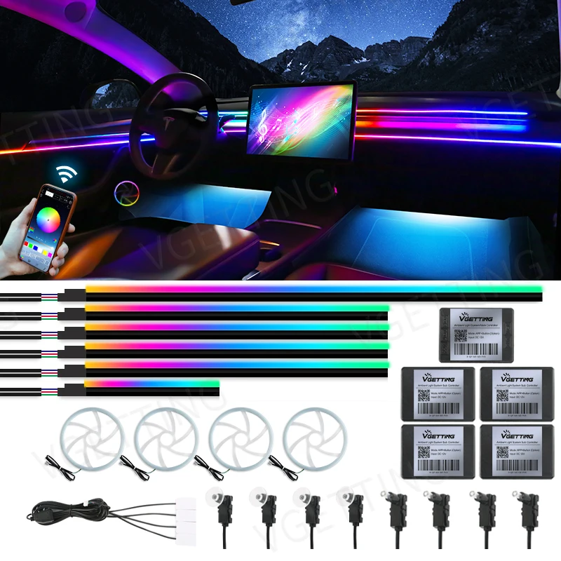 22 In 1 Full Color Streamer Car Ambient Lights RGB 64 Color Universal LED Interior Hidden Acrylic Strip Symphony Atmosphere Lamp