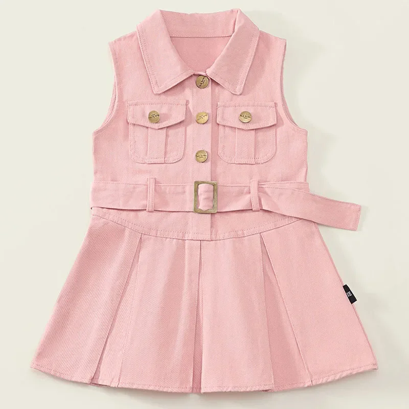 

2025 New Summer Children Clothes Girls Korean Fashion Pink Sleeveless Belt Baby Luxury Dresses Toddler Dress Kids Costume B097