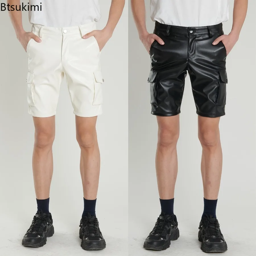 New Men's Leather Cargo Shorts Stretch Slim Fit Fashion PU Leather Shorts Work Style Summer Male Casual Pockets Five-point Pants