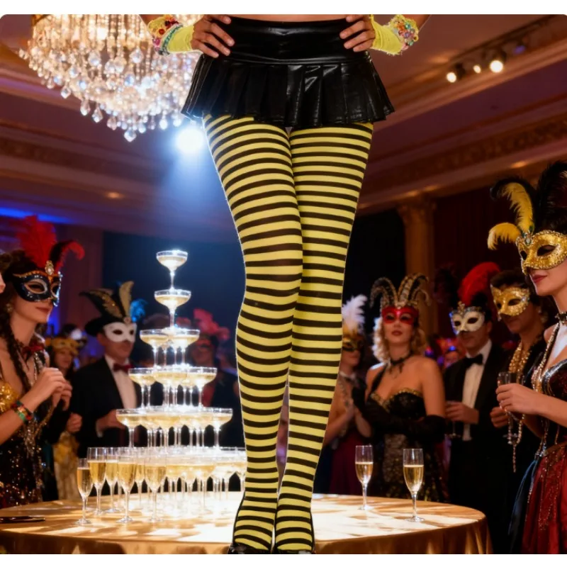 コスチュームアクセサリー カーニバル＆新年 ストライプタイツ - パーティーイベント用のグリッター糸入りお祭り用フィッシュネットパンティストッキング