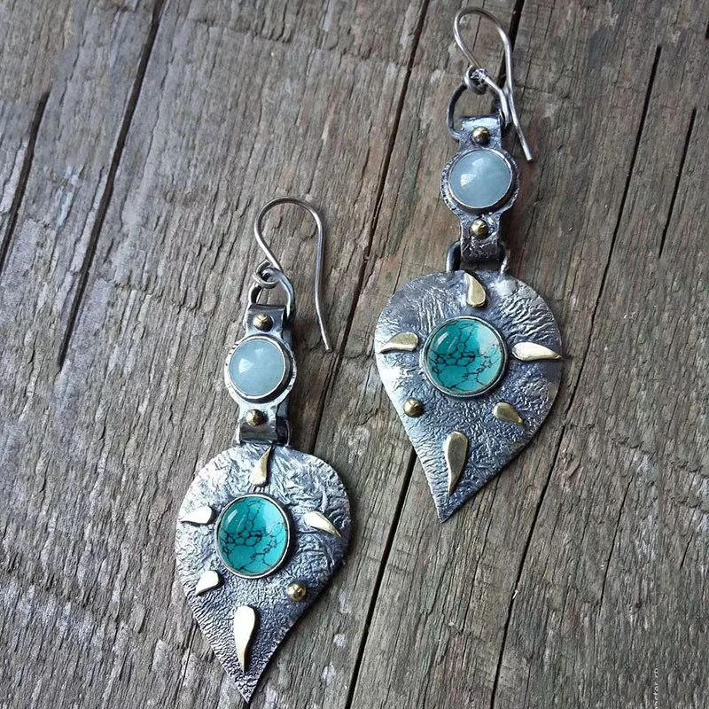 Vintage Fashion Blue Gemstone Geometric Pendant Earrings 2023 New Dual Color Circular Pendant Women\'s Earrings